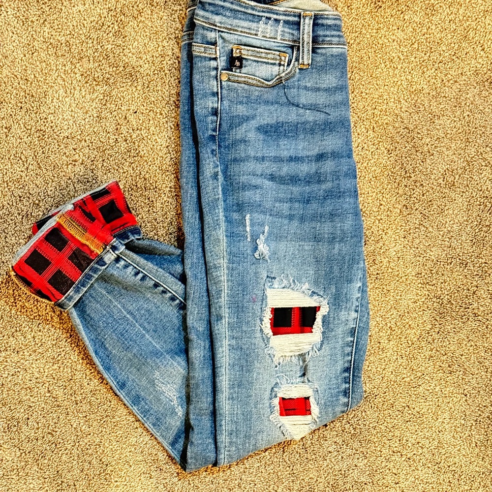Judy Blue Light Blue Distressed Skinny Jeans with Red Plaid Accents